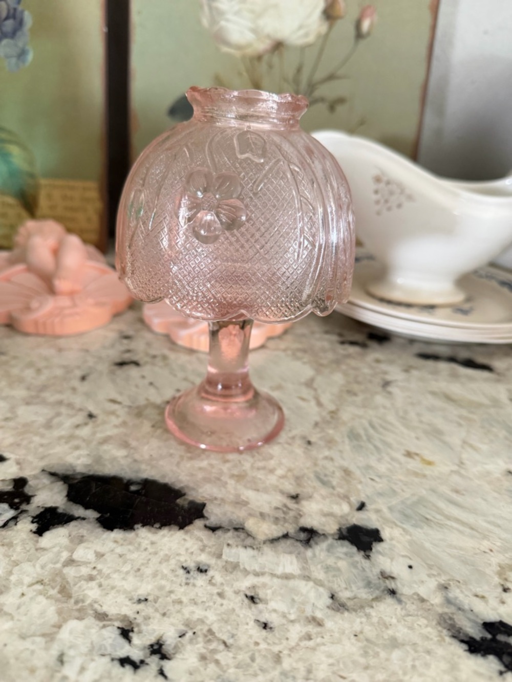 Vintage Indiana Glass Mini Pink Floral Fairy Lamp